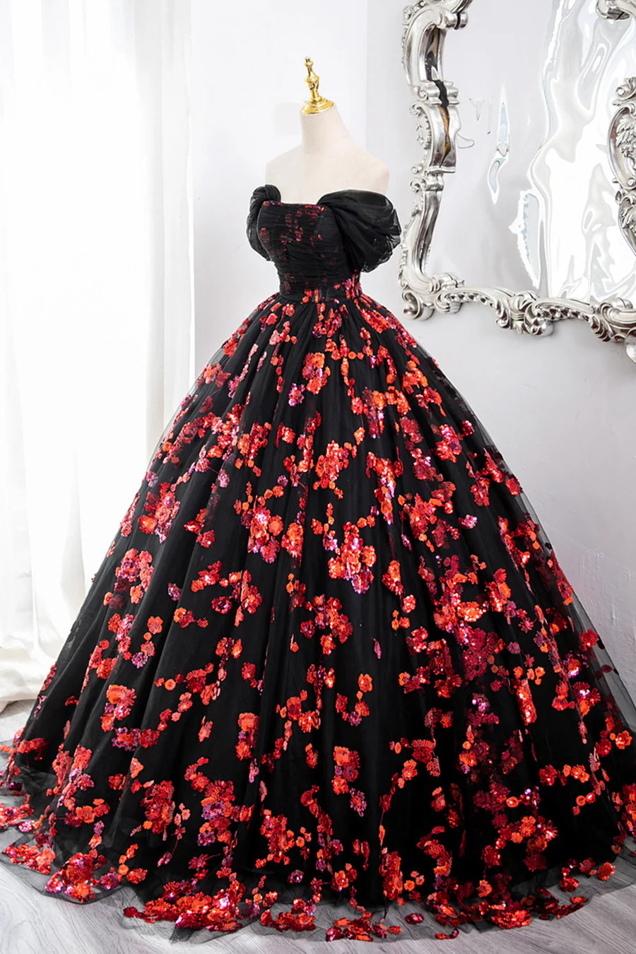 Black Tulle and Red Sequins Long Formal Gown, Off the Shoulder Evening Party Dress TP99