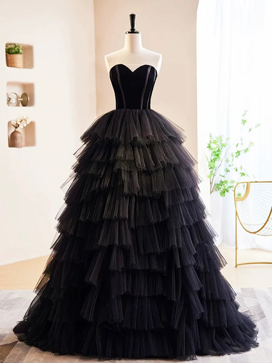 Black Velvet and Tulle Long Prom Dress, A-Line Off the Shoulder Formal Evening Dress TP94