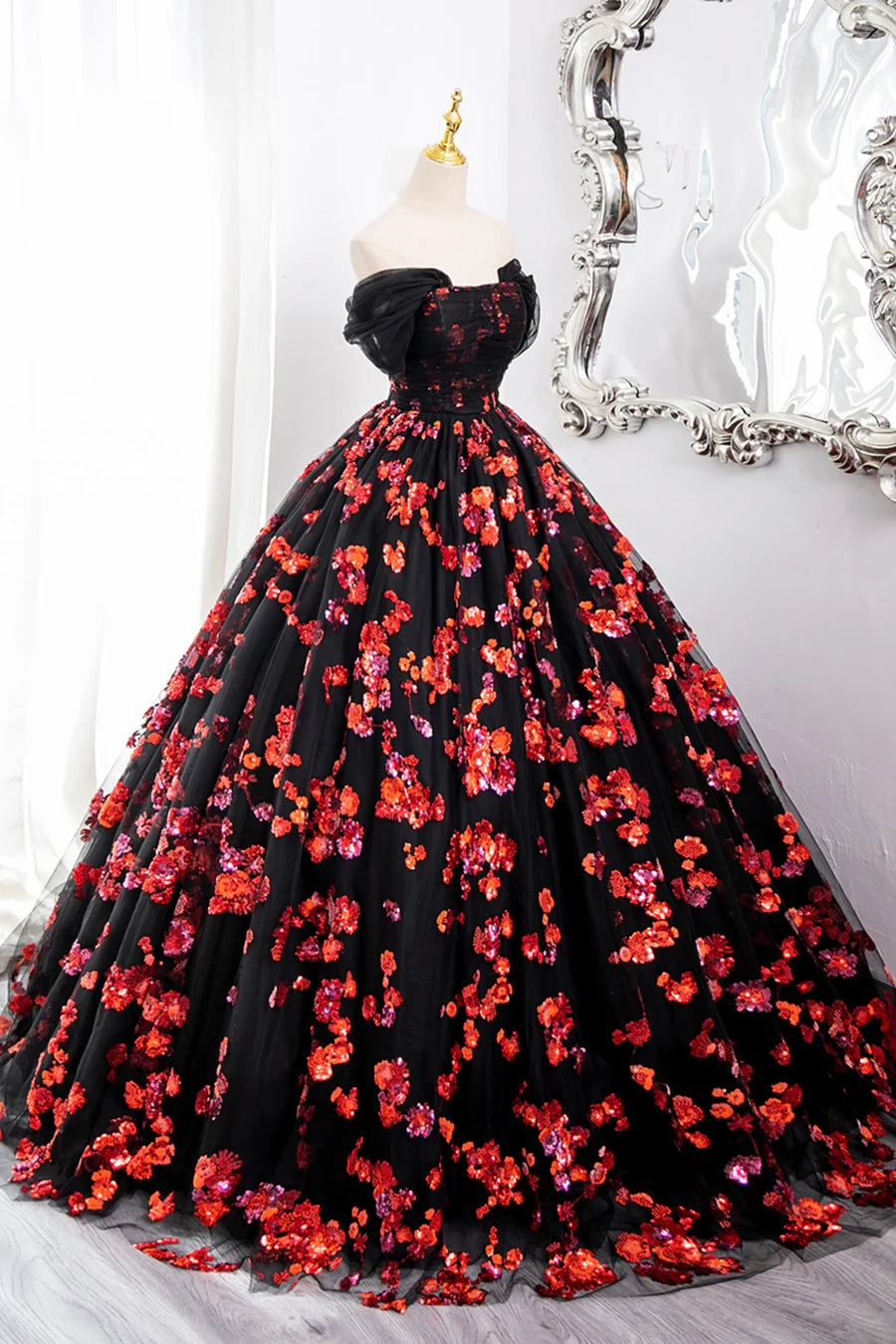 Black Tulle and Red Sequins Long Formal Gown, Off the Shoulder Evening Party Dress TP99