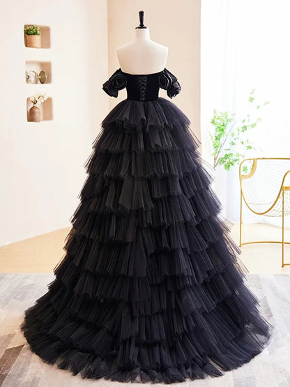 Black Velvet and Tulle Long Prom Dress, A-Line Off the Shoulder Formal Evening Dress TP94