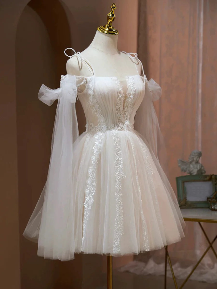 Lovely A-Line Tulle Lace Knee Length Prom Dress, Ivory Off the Shoulder Party Dress TP93