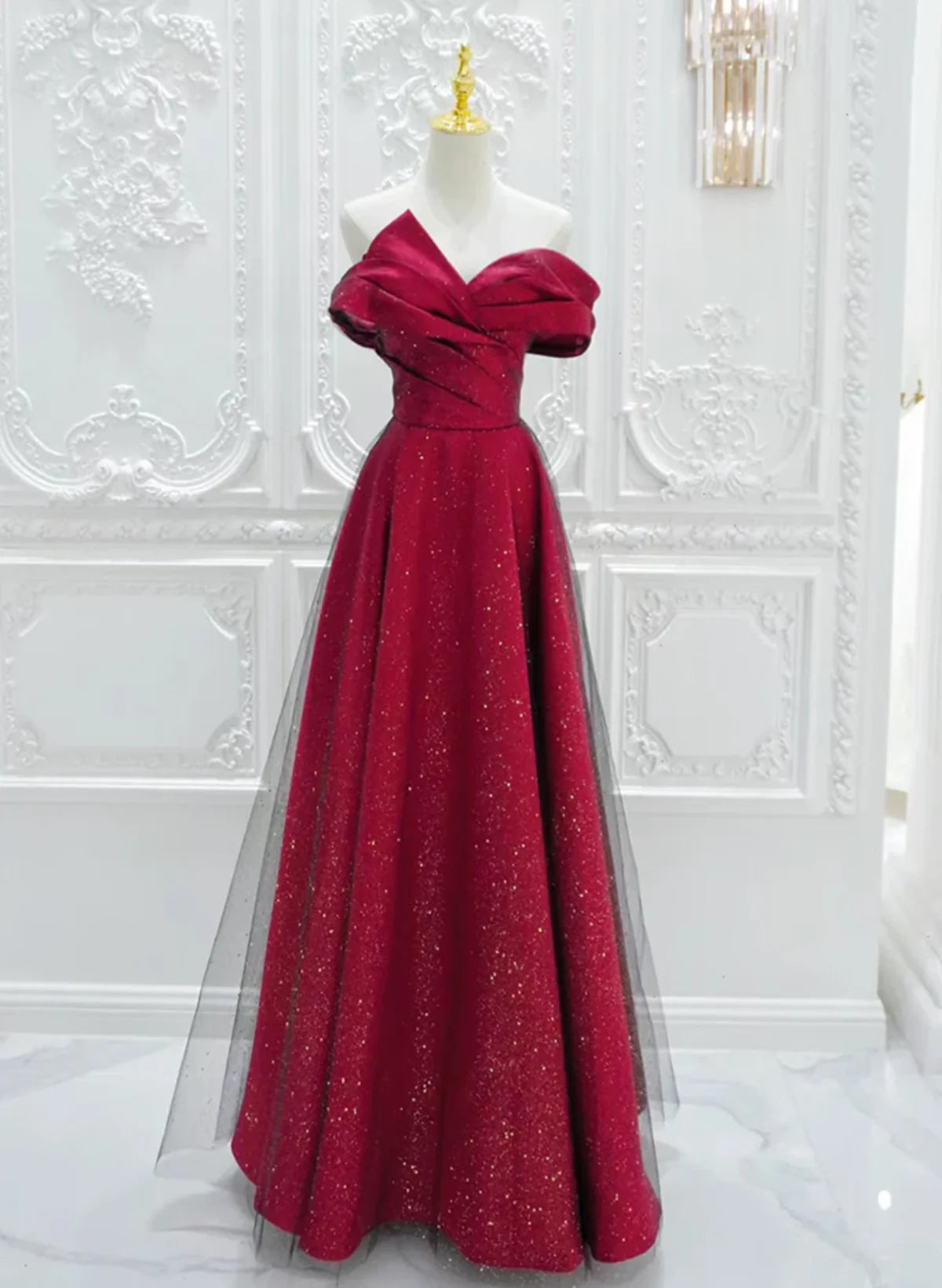 Chic Satin Long Party Dress Prom Dress, A-line Red Off Shoulder Evening Dress TP1008