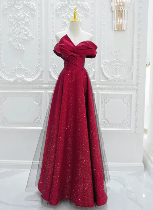 Chic Satin Long Party Dress Prom Dress, A-line Red Off Shoulder Evening Dress TP1008