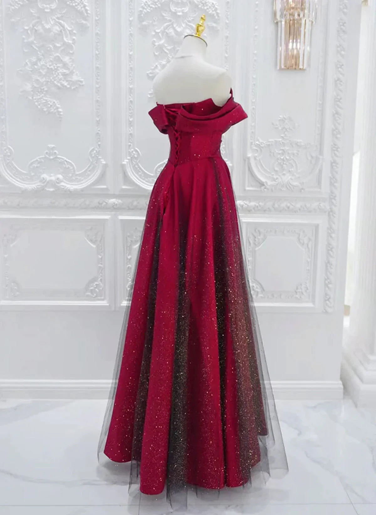 Chic Satin Long Party Dress Prom Dress, A-line Red Off Shoulder Evening Dress TP1008