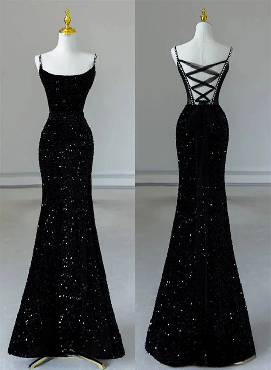 Black Mermaid Sequins Long Formal Dress, Black Straps Long Evening Dress TP1012