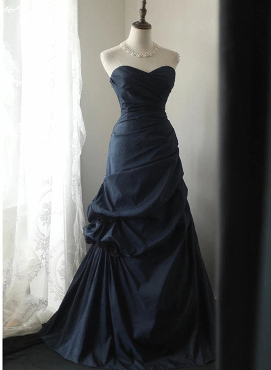 Elegant Navy Blue Vintage Style Taffeta Long Prom Dress, Navy Blue Party Dress TP1014