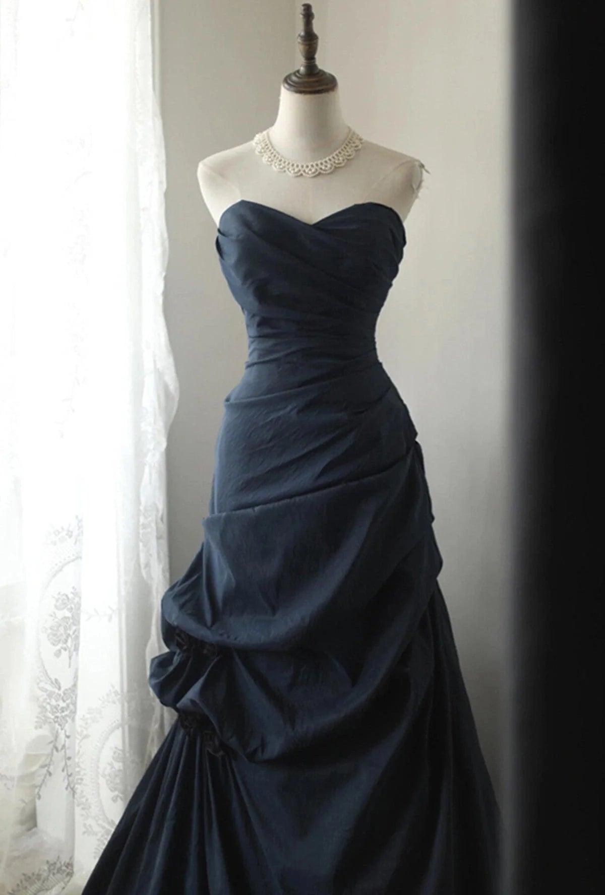 Elegant Navy Blue Vintage Style Taffeta Long Prom Dress, Navy Blue Party Dress TP1014