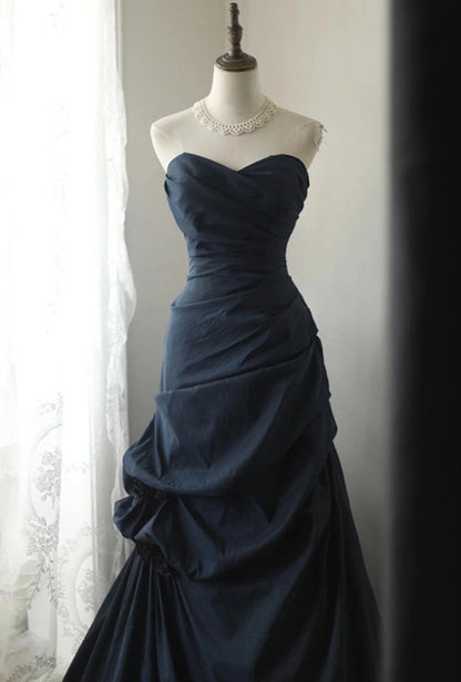 Elegant Navy Blue Vintage Style Taffeta Long Prom Dress, Navy Blue Party Dress TP1014