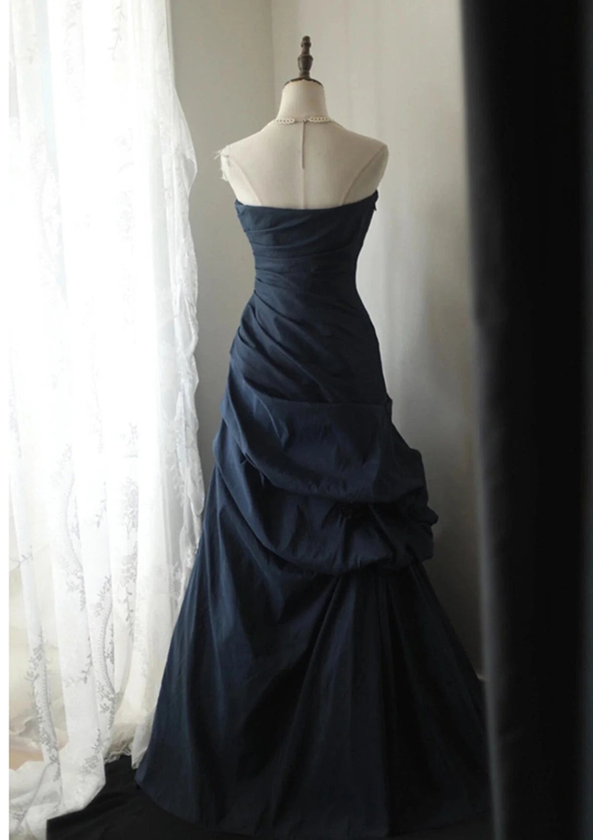 Elegant Navy Blue Vintage Style Taffeta Long Prom Dress, Navy Blue Party Dress TP1014