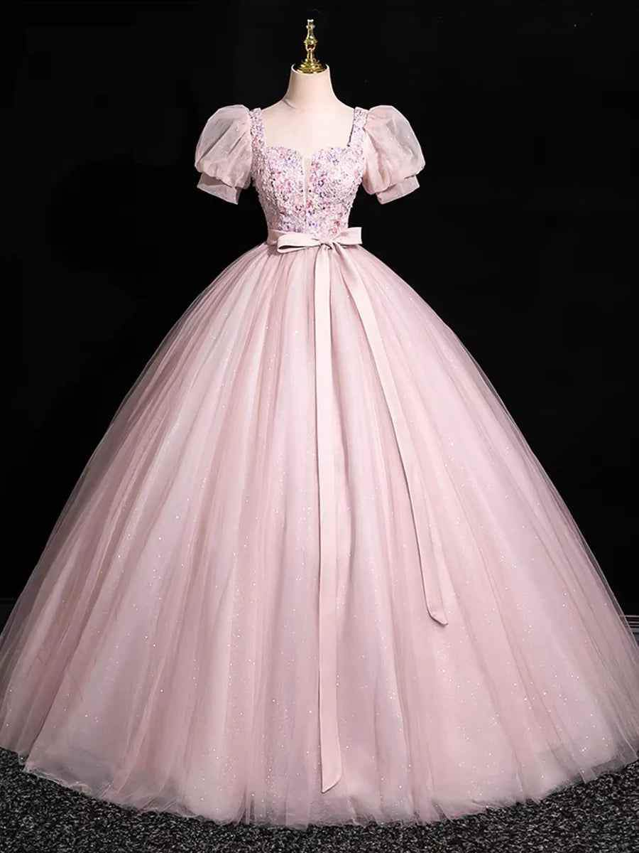 Beautiful Floral Tulle Floor Length Prom Dress, Pink A-Line Short Sleeve Evening Dress TP102