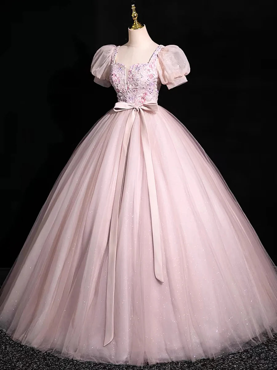 Beautiful Floral Tulle Floor Length Prom Dress, Pink A-Line Short Sleeve Evening Dress TP102