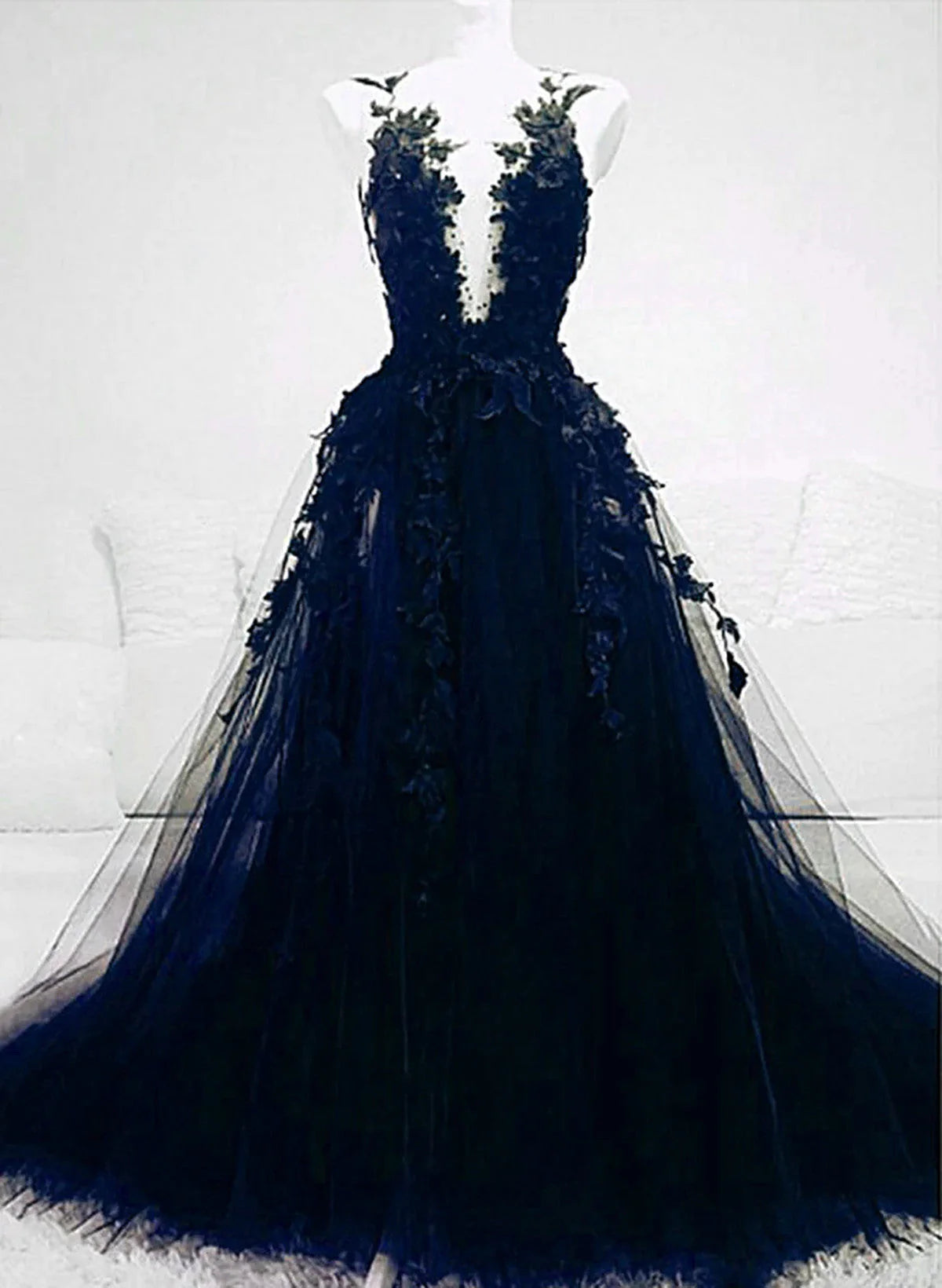 A-line Navy Blue Tulle with Lace Long Evening Dress, Navy Blue Prom Dress TP1021