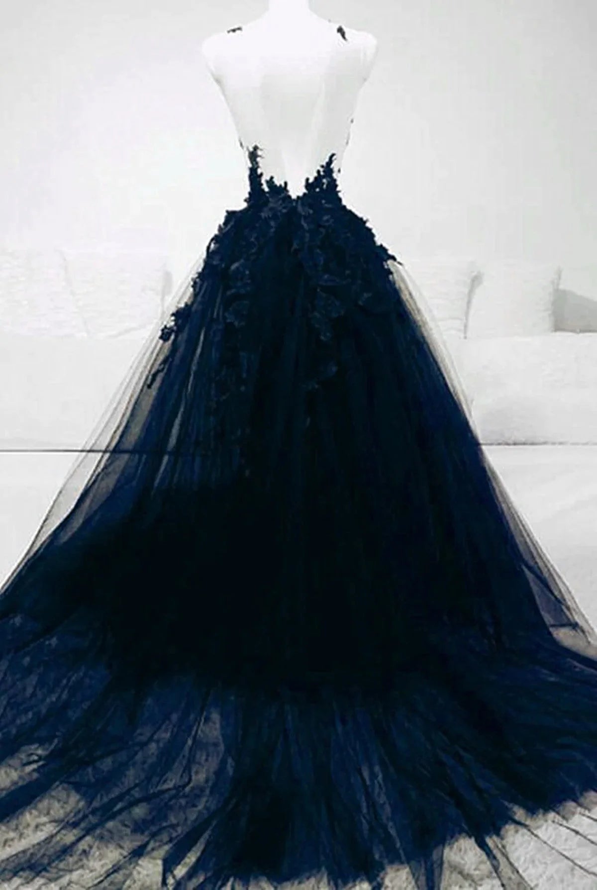 A-line Navy Blue Tulle with Lace Long Evening Dress, Navy Blue Prom Dress TP1021