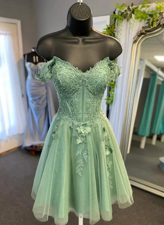 Green Off Shoulder Tulle with Beaded Short Party Dress, Green Homecoming Dress TP1022