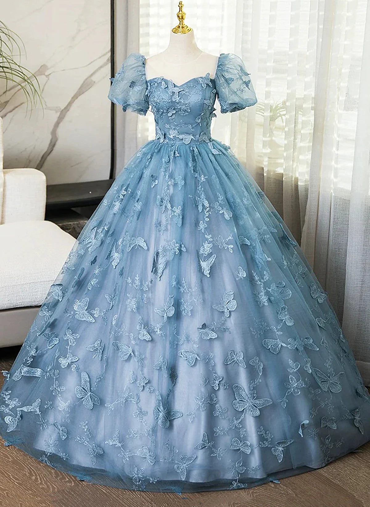 Lovely Blue Short Sleeves Long Party Dress With Butterfly Lace, Blue Prom Dress TP1024