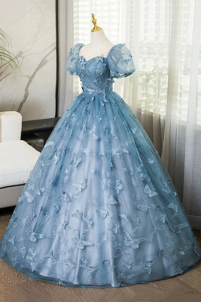 Lovely Blue Short Sleeves Long Party Dress With Butterfly Lace, Blue Prom Dress TP1024