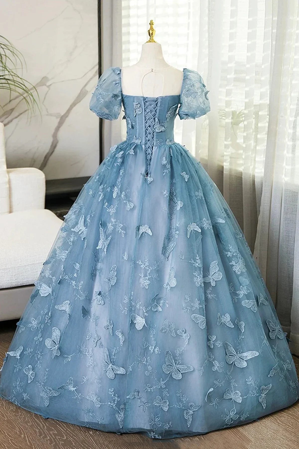 Lovely Blue Short Sleeves Long Party Dress With Butterfly Lace, Blue Prom Dress TP1024