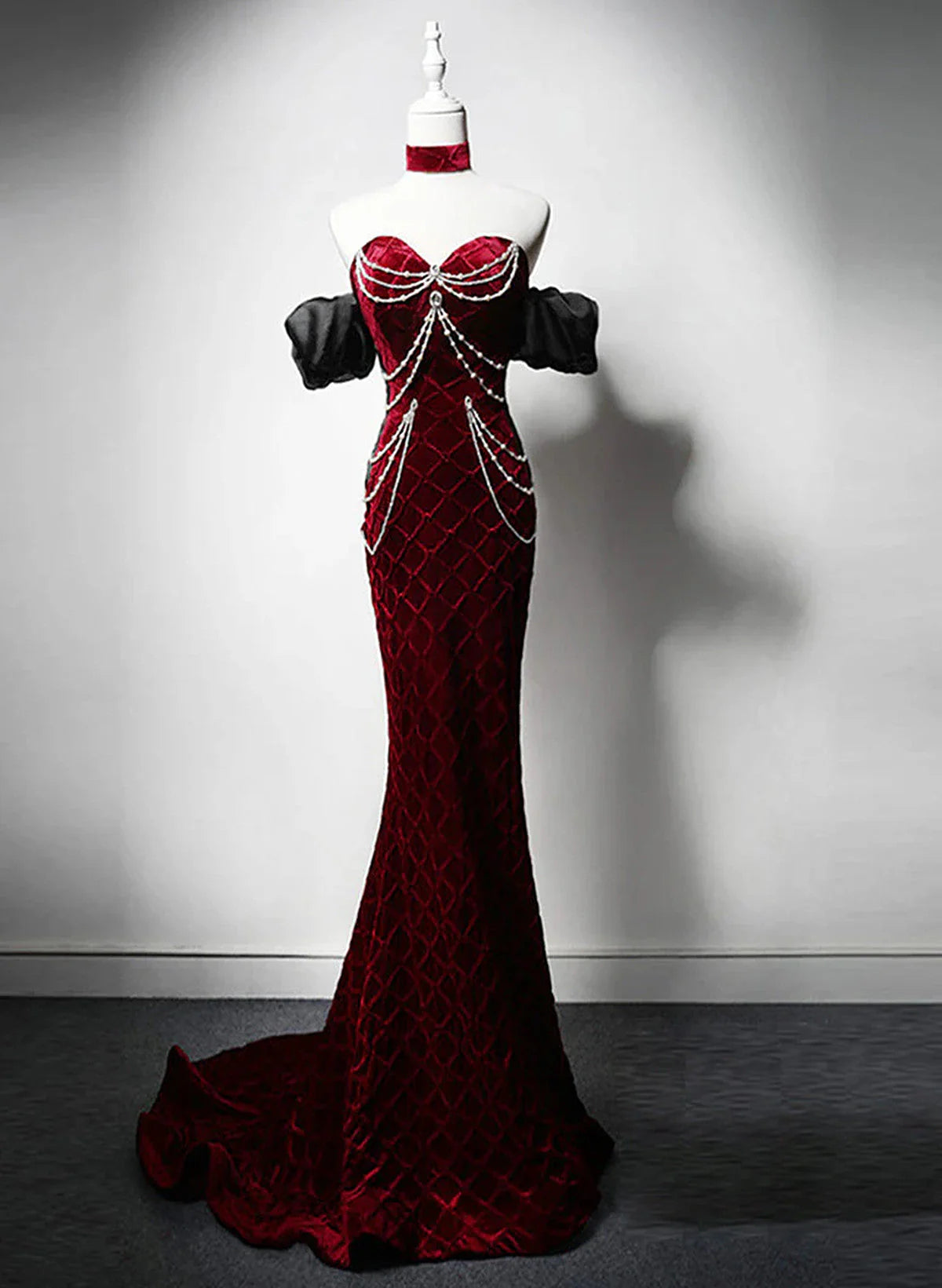 Wine Red Mermaid Velvet Beaded Long Formal Dress, Wine Red Prom Dress TP1025