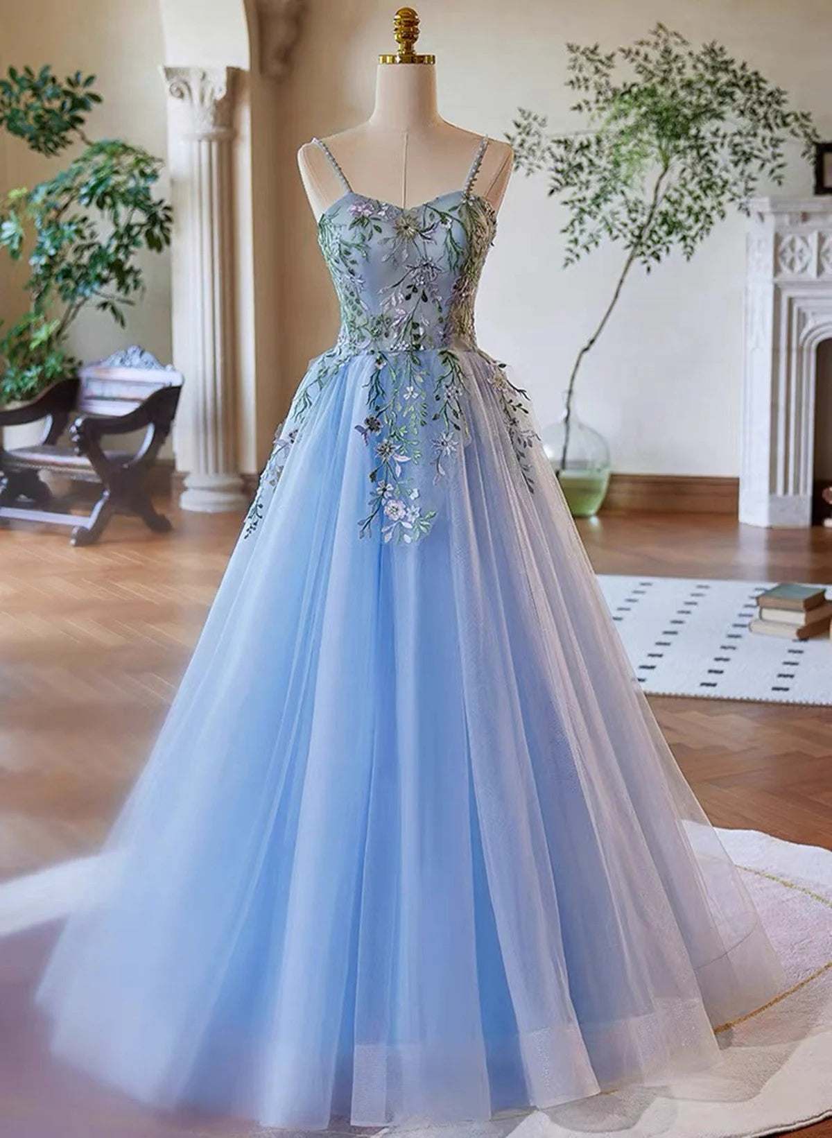 Light Blue Tulle Straps with Lace Applique Prom Dress, Light Blue Party Dress TP1026