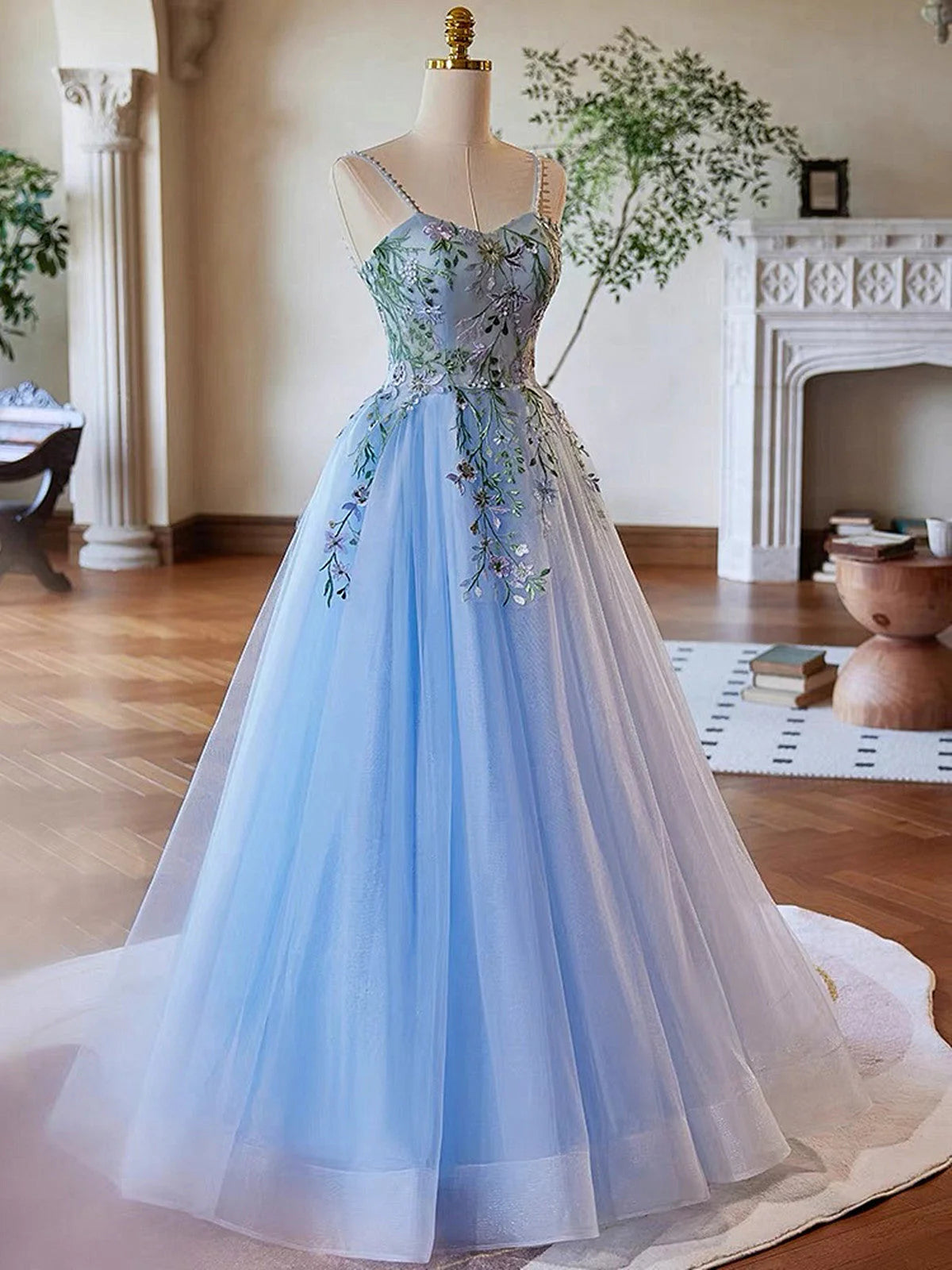 Light Blue Tulle Straps with Lace Applique Prom Dress, Light Blue Party Dress TP1026