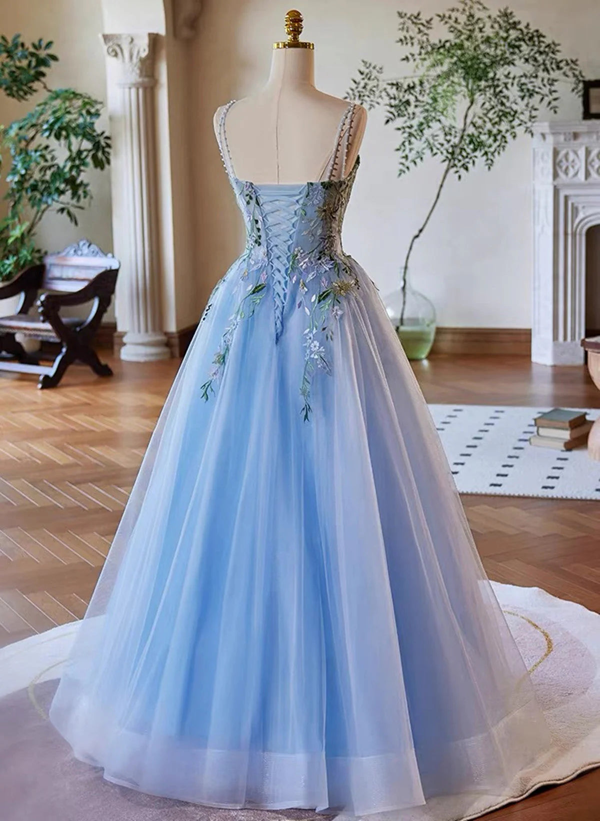 Light Blue Tulle Straps with Lace Applique Prom Dress, Light Blue Party Dress TP1026