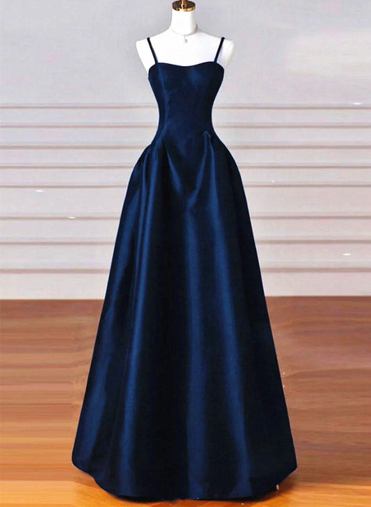 A-line Navy Blue Satin Straps Long Formal Dress, Navy Blue Prom Dress TP1030