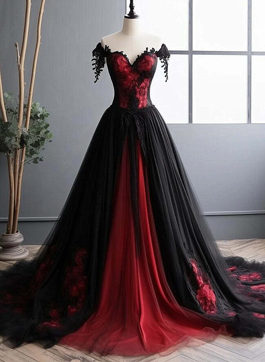 Black and Red Sweetheart with Long Formal Dress, Glam Long Prom Dress TP1032