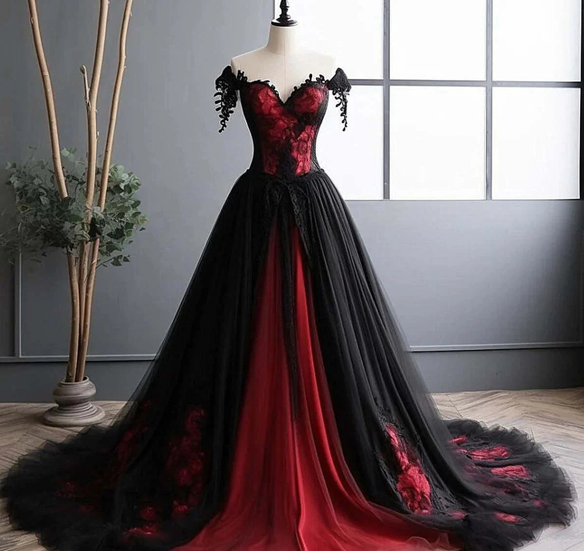 Black and Red Sweetheart with Long Formal Dress, Glam Long Prom Dress TP1032