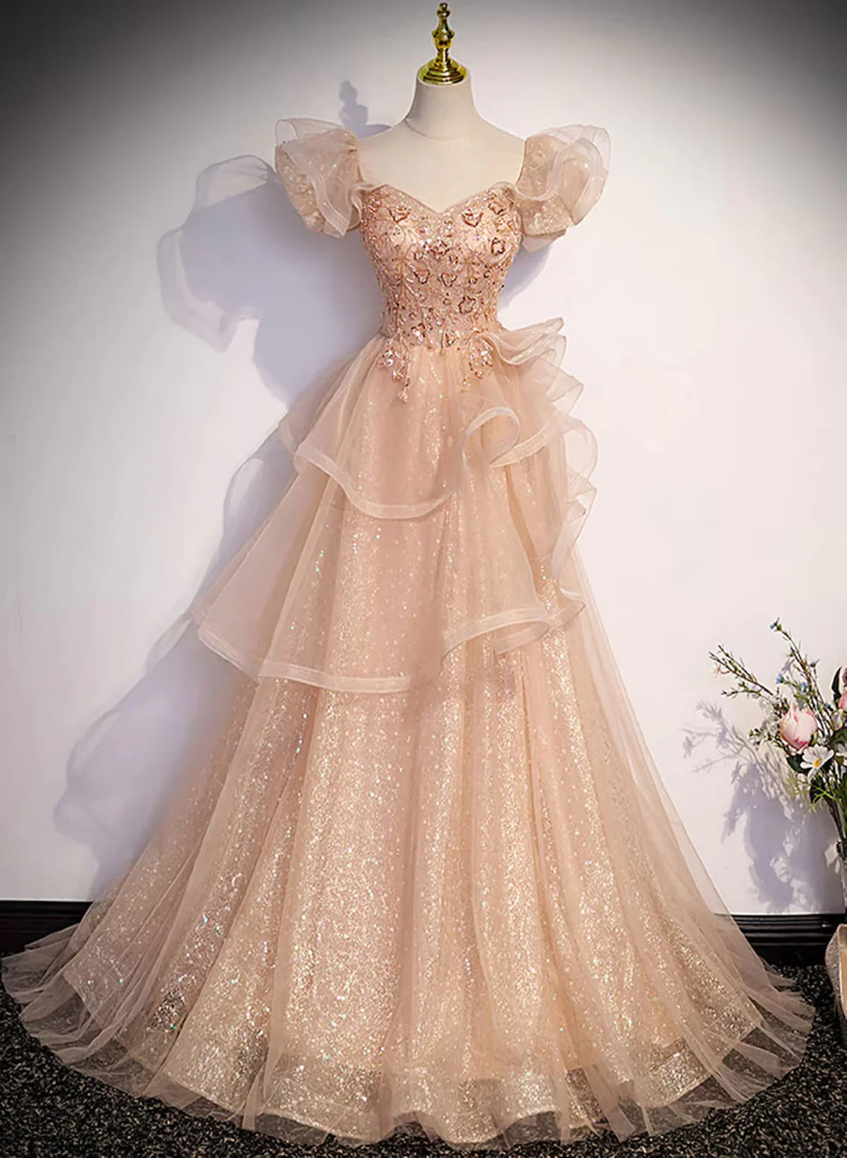 Champagne A-Line Tulle BeadedLong Prom Dress, Champagne Formal Dress TP1035