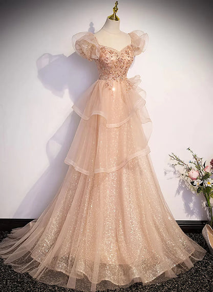 Champagne A-Line Tulle BeadedLong Prom Dress, Champagne Formal Dress TP1035