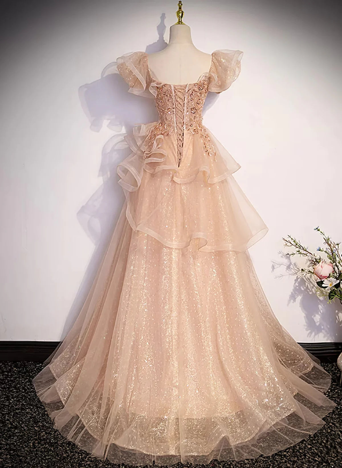 Champagne A-Line Tulle BeadedLong Prom Dress, Champagne Formal Dress TP1035