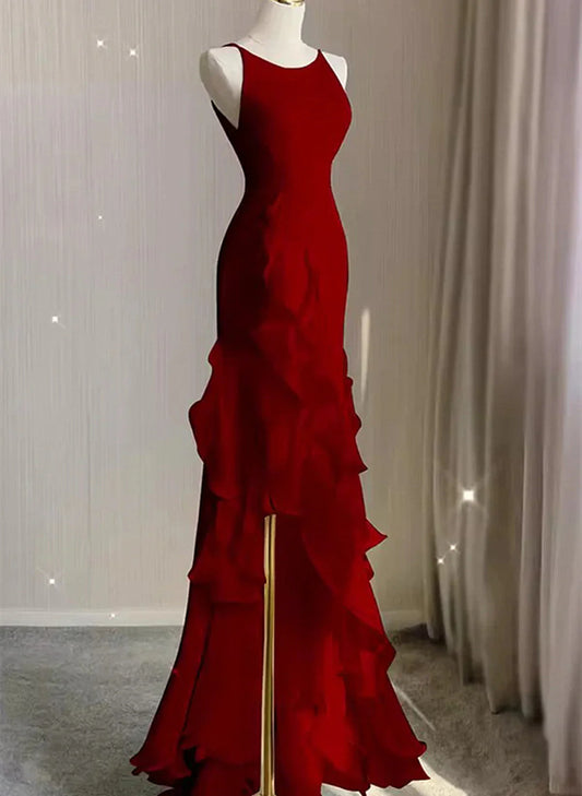 Wine Red Long Round Neckline Low Back, Wine Red Evening Dress Prom Dress TP1036