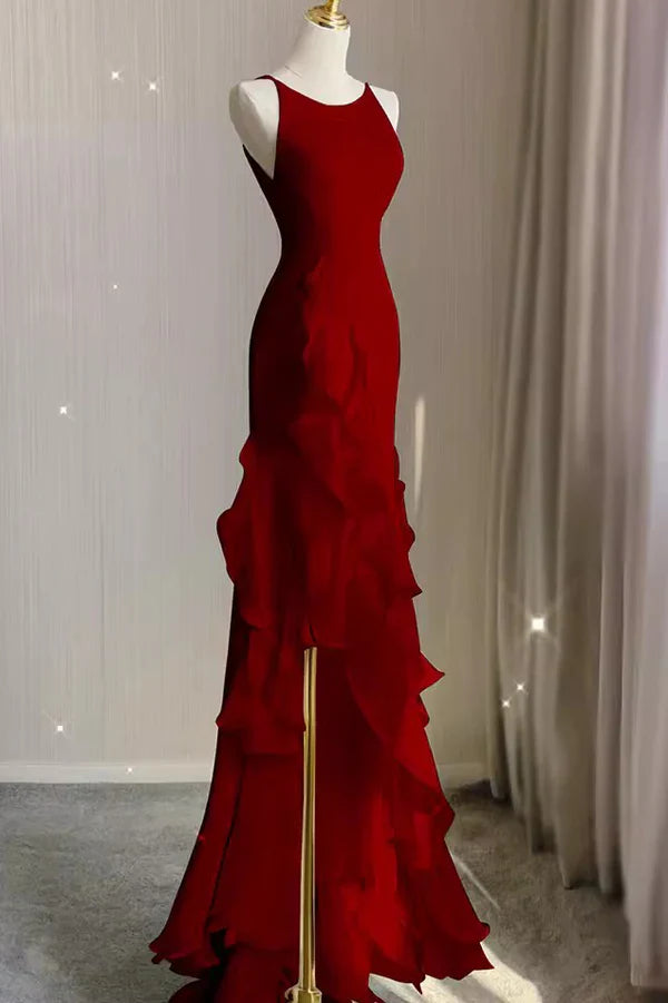 Wine Red Long Round Neckline Low Back, Wine Red Evening Dress Prom Dress TP1036