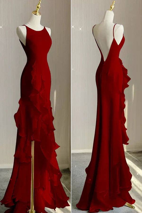 Wine Red Long Round Neckline Low Back, Wine Red Evening Dress Prom Dress TP1036