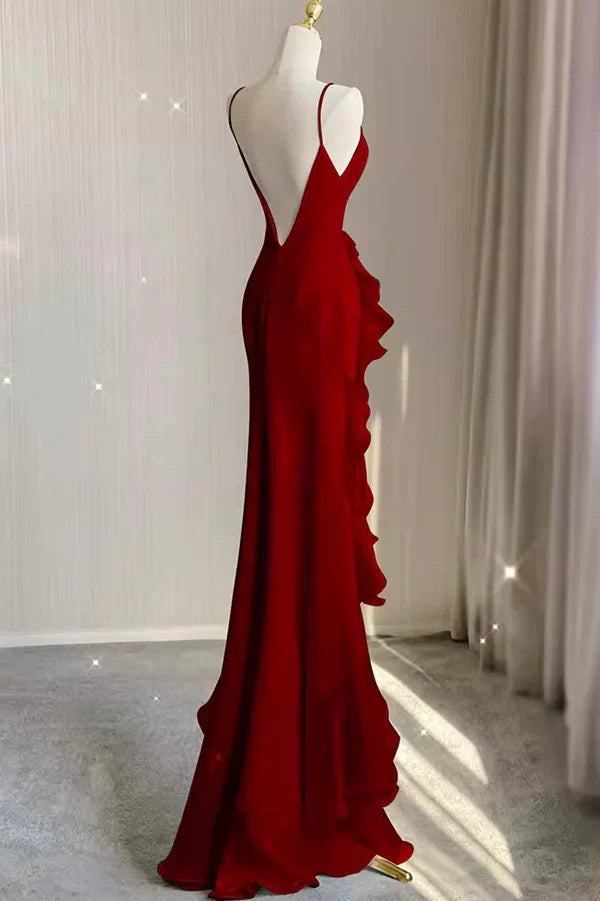 Wine Red Long Round Neckline Low Back, Wine Red Evening Dress Prom Dress TP1036