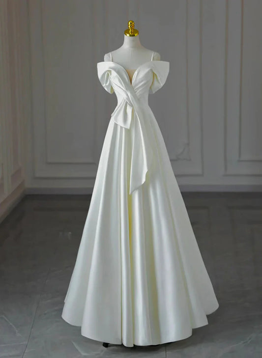 White Satin A-line Off Shoulder Evening Dress, White Satin Long Wedding Party Dress TP1037