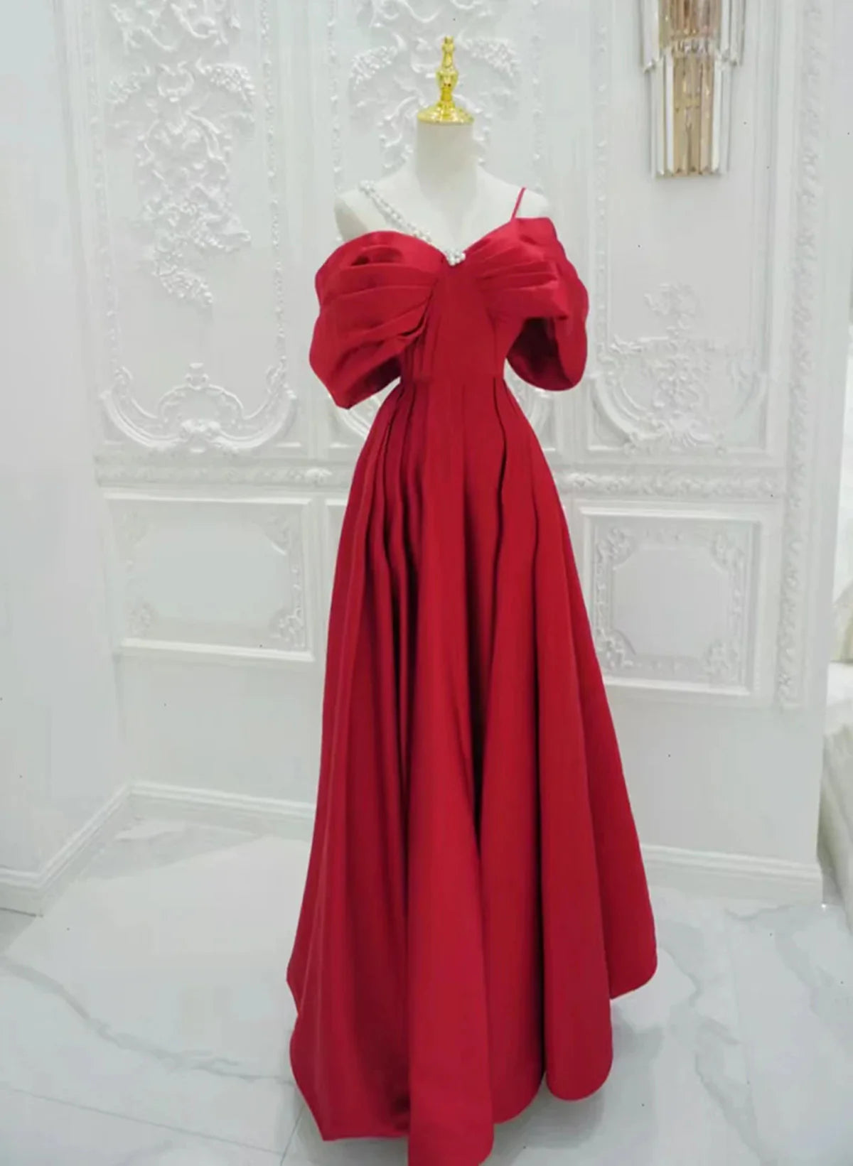 Red Satin A-line Straps Long Evening Dress, Red Long Party Dress TP1039