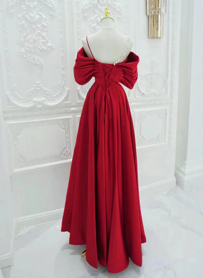 Red Satin A-line Straps Long Evening Dress, Red Long Party Dress TP1039