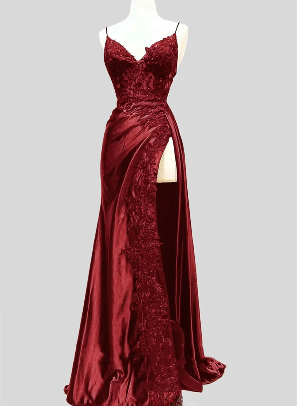 Wine Red Satin with Lace Formal Dress, Wine Red Evening Dress Prom Dress TP1040