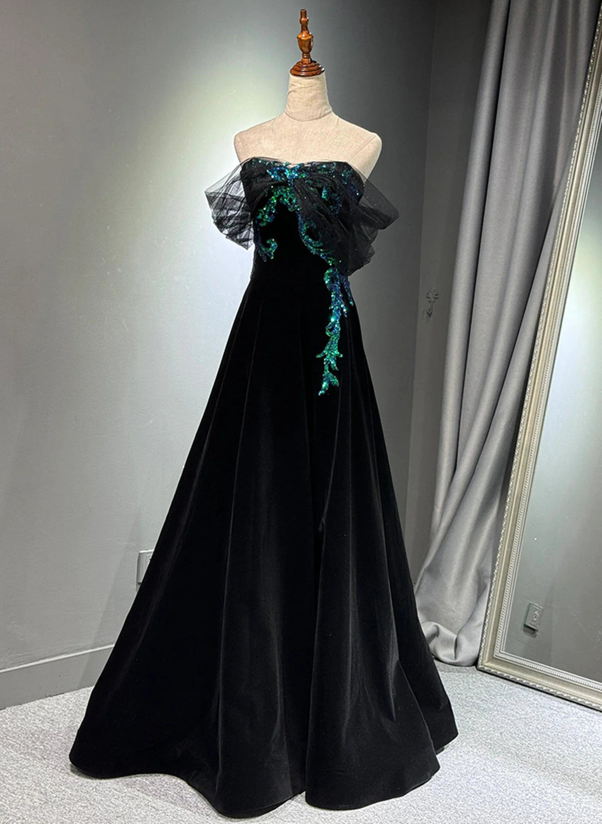 A-line Black Velvet and Tulle Off Shoulder Party Dress, Black Long Prom Dress TP1041