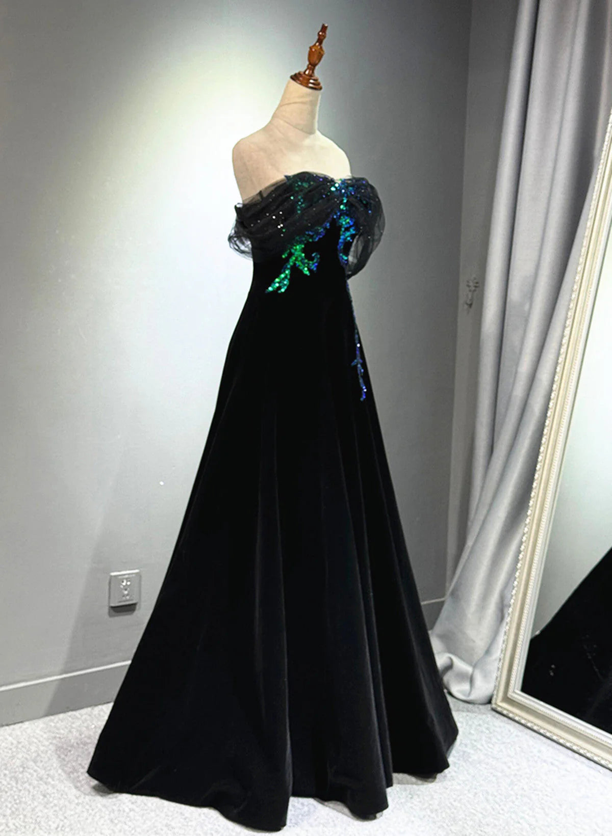 A-line Black Velvet and Tulle Off Shoulder Party Dress, Black Long Prom Dress TP1041