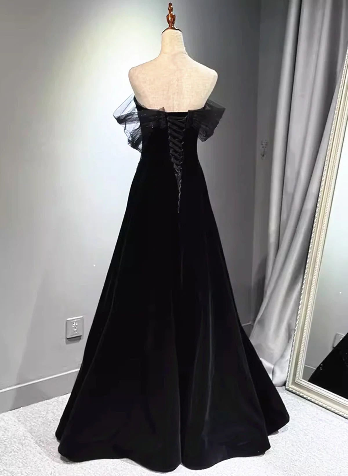 A-line Black Velvet and Tulle Off Shoulder Party Dress, Black Long Prom Dress TP1041