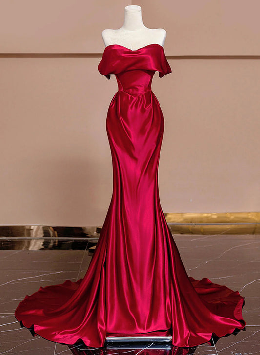 Wine Red Off Shoulder Satin Long Evening Dress, Wine Red Prom Dress TP1044