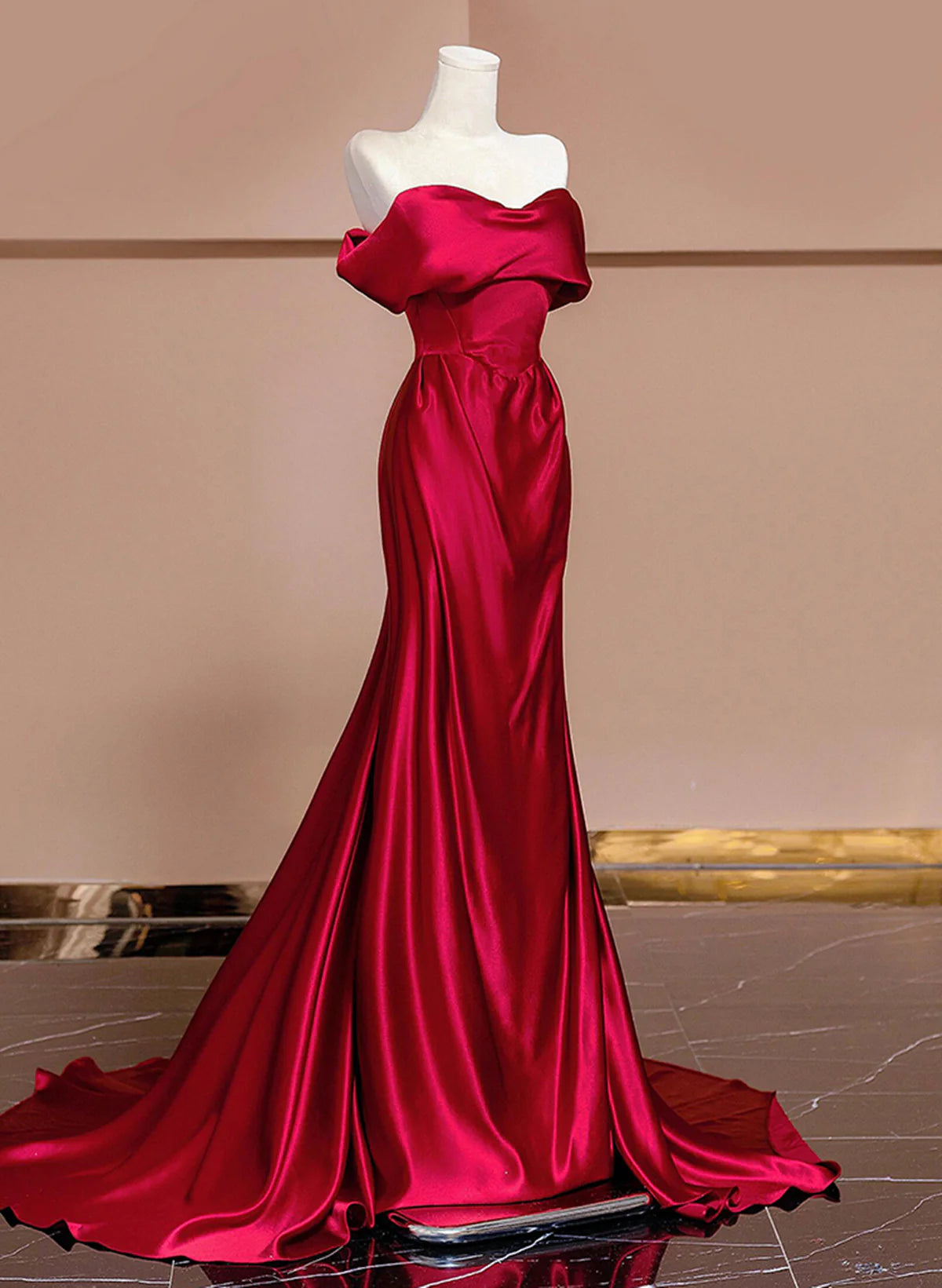 Wine Red Off Shoulder Satin Long Evening Dress, Wine Red Prom Dress TP1044