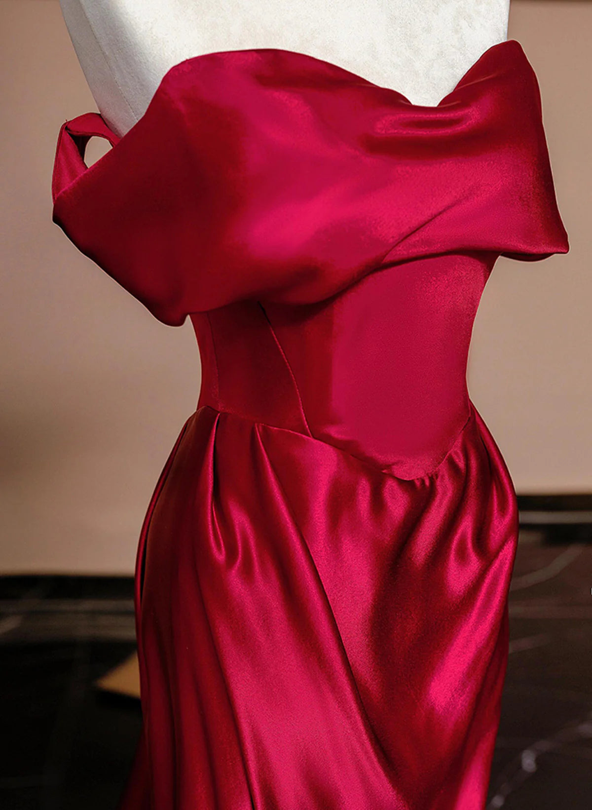 Wine Red Off Shoulder Satin Long Evening Dress, Wine Red Prom Dress TP1044