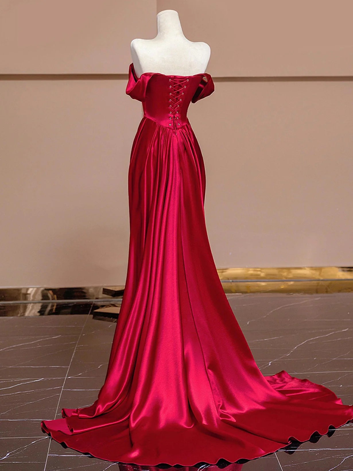 Wine Red Off Shoulder Satin Long Evening Dress, Wine Red Prom Dress TP1044