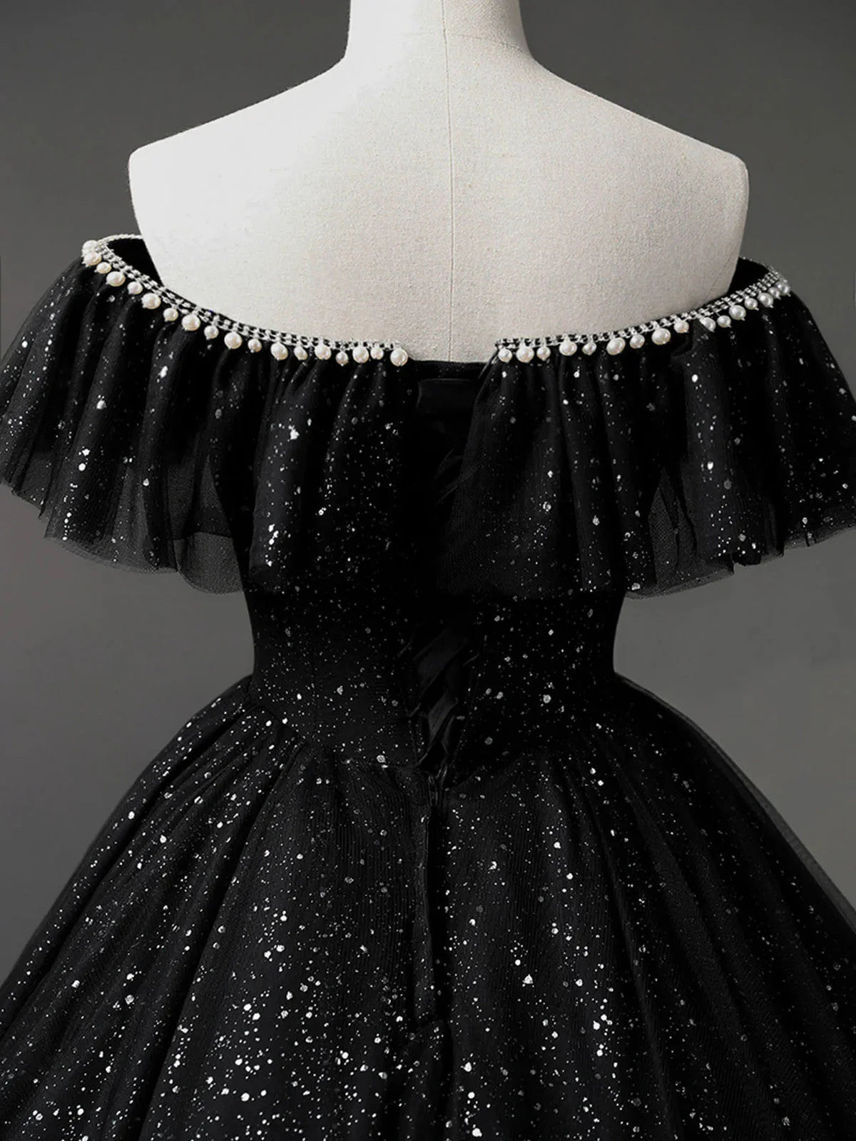 Black Tulle Beaded Long Formal Gown, Black Tulle A-line Prom Dress TP1049