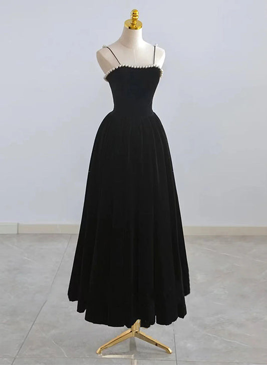 Black Velvet Straps Tea Length Party Dress, Black Velvet Homecoming Dress TP1053