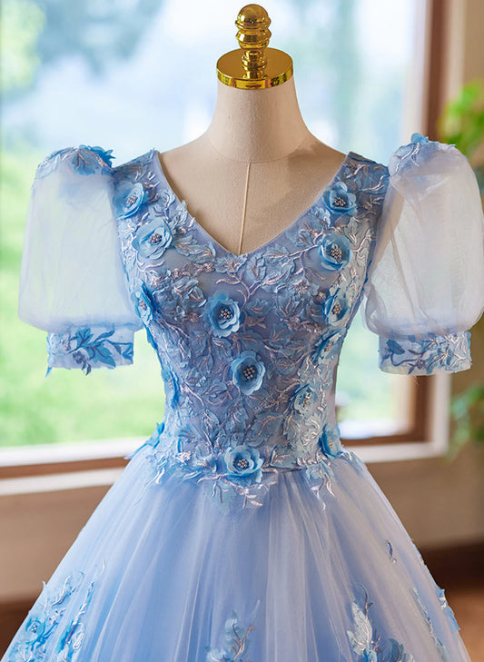 A-Line Light Blue Tulle With Lace Short Sleeves Prom Dress, Tulle Sweet 16 Dress TP1056