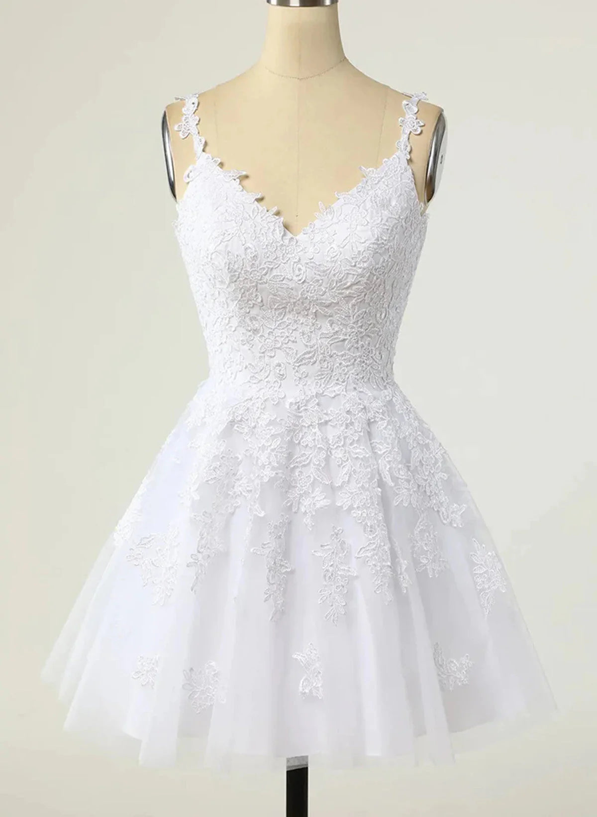 Cute V-neckline White Tulle with Lace Graduation Dress, White Short Party Dress TP1060